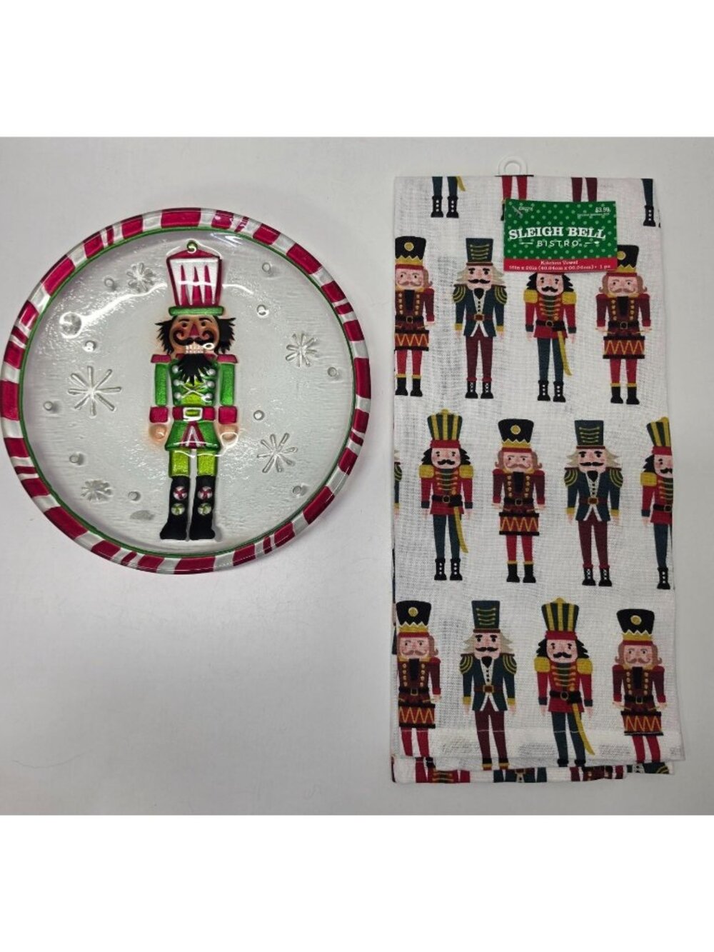 Pier 1 Nutcracker Glass Plate 8" & Sleigh Bell Bistro Kitchen Towel Christmas